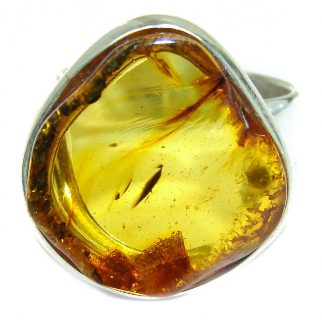 Excellent Golden Amber Sterling Silver Ring s. 8 adjustable