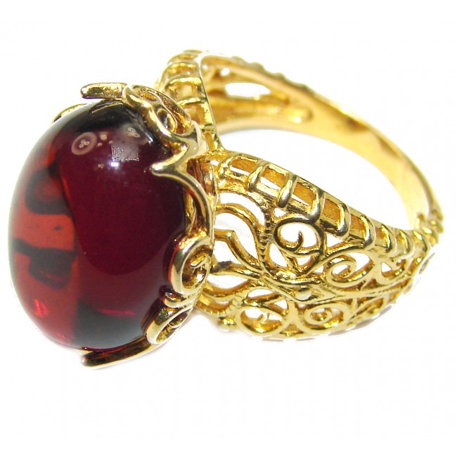 Genuine Cherry Baltic Polish Amber 18kGold .925 Sterling Silver handmade Ring size 6