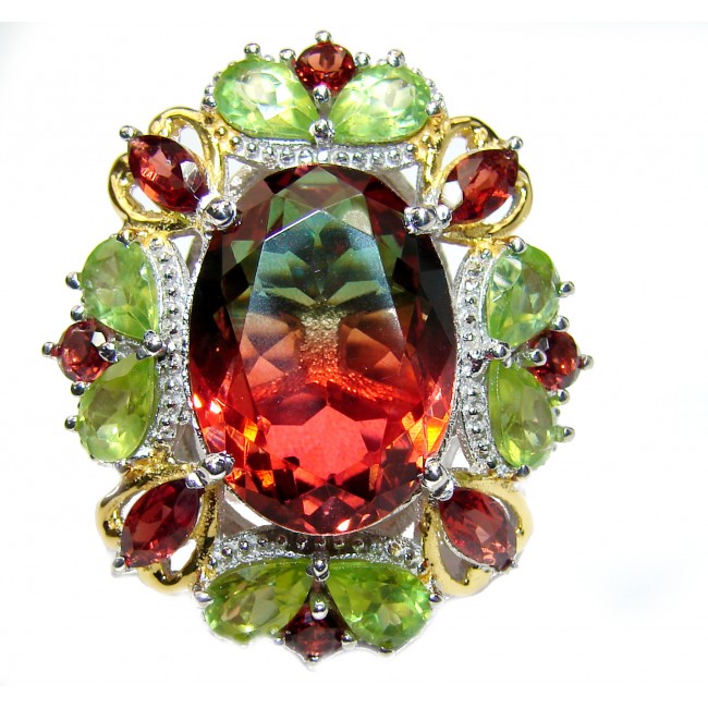 HUGE Top Quality Magic Volcanic Pink Tourmaline Topaz 18K Gold over .925 Sterling Silver handcrafted Ring s. 8