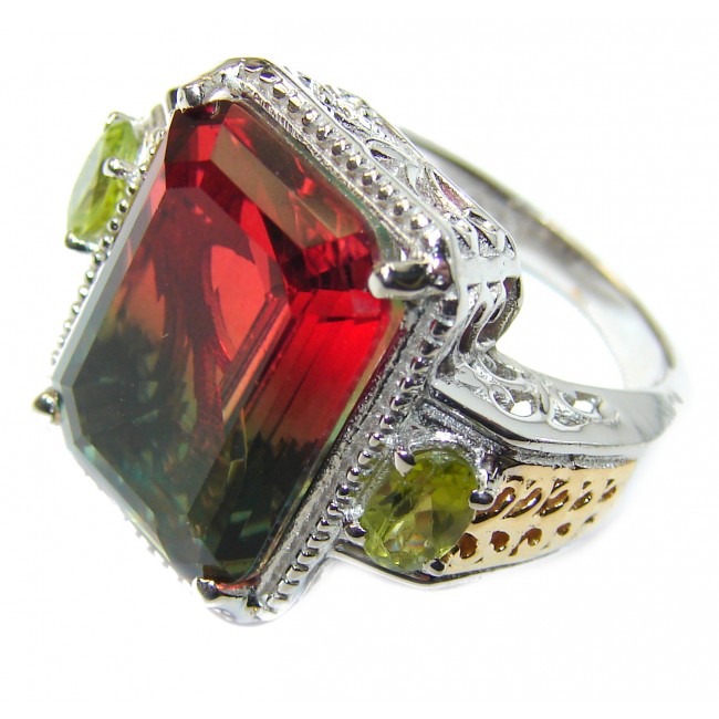 HUGE emerald cut Volcanic Tourmaline Topaz .925 Sterling Silver handcrafted Ring s. 7 1/4