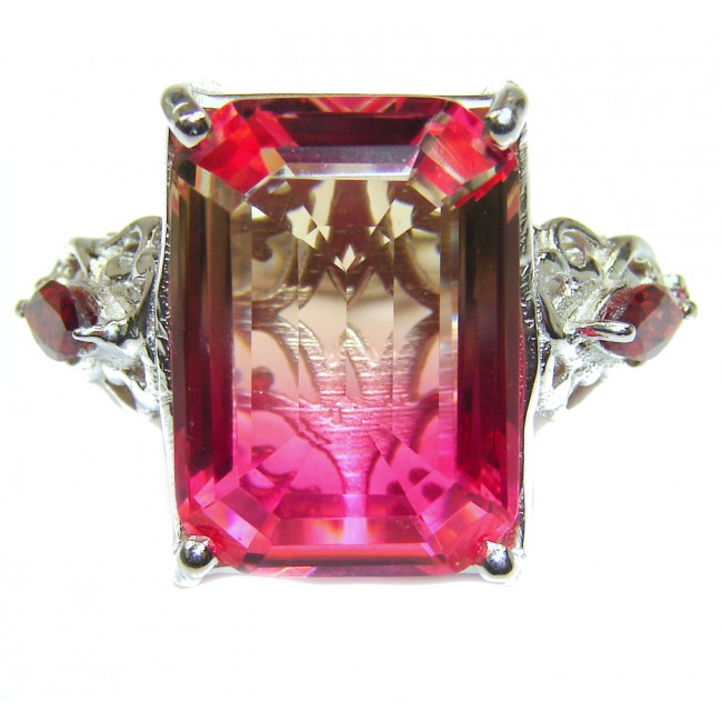 HUGE emerald cut Volcanic Pink Tourmaline Topaz .925 Sterling Silver handcrafted Ring s. 6 3/4