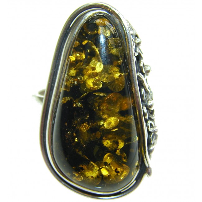 Authentic Green Baltic Amber .925 Sterling Silver handcrafted ring; s 8 adjustable