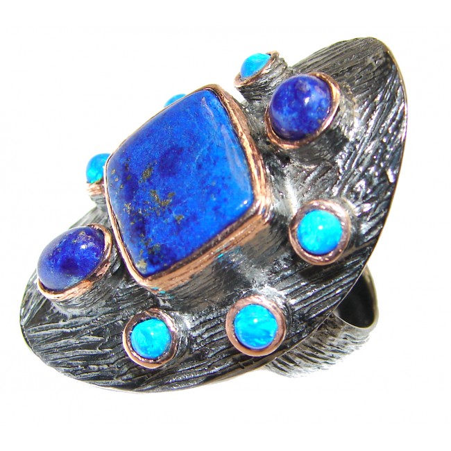 Natural Lapis Lazuli black rhodium over .925 Sterling Silver handcrafted ring size 8