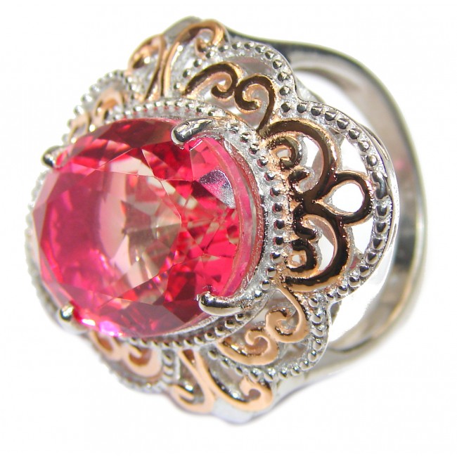 Huge Top Quality Volcanic Pink Tourmaline 18 K Gold over .925 Sterling Silver handcrafted Ring s. 7 1/4