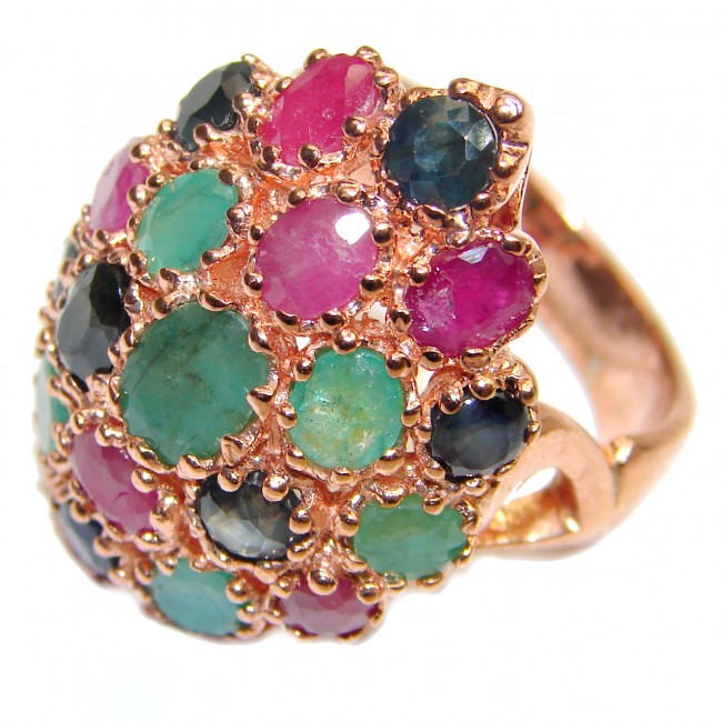 Large Authentic Ruby & Emerald Rose Gold over .925 Sterling Silver ring; s. 8 1/4