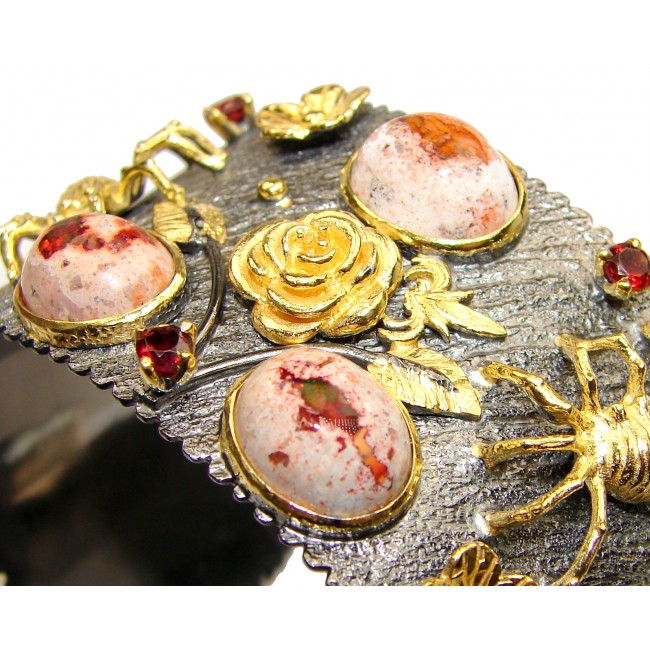 Enchanted Forest Mexican Opal Rose 14K Gold Rhodium over .925 Sterling Silver Bracelet / Cuff