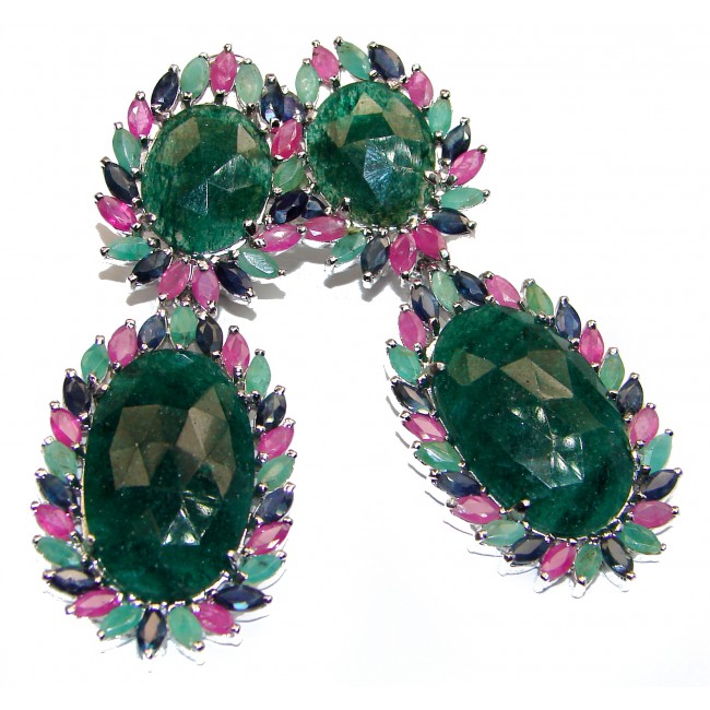 HUGE 125 ct Oval-shaped Emerald .925 Sterling Silver handcrafted Statement Earrings