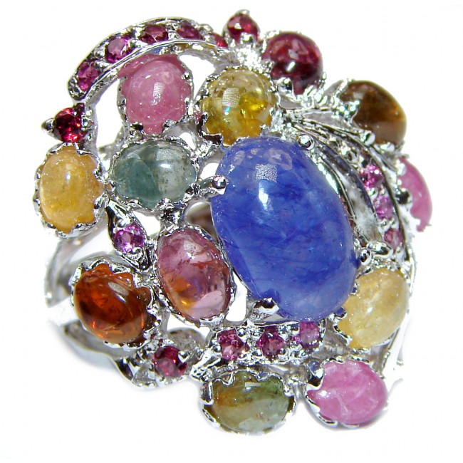Large Authentic 27ct Tanzanite Tourmaline .925 Sterling Silver handmade Statement Ring s. 8