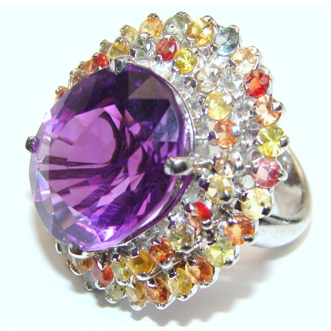 Large Genuine Amethyst Tourmaline .925 Sterling Silver handcrafted Statement Ring size 7 1/4