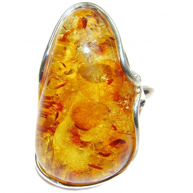 HUGE Excellent quality Honey Authentic Baltic Amber Sterling Silver Ring s. 9 3/4