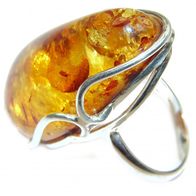HUGE Excellent quality Honey Authentic Baltic Amber Sterling Silver Ring s. 9 3/4