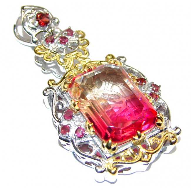 Deluxe emerald cut Pink Topaz 18K Gold over .925 Sterling Silver handmade Pendant
