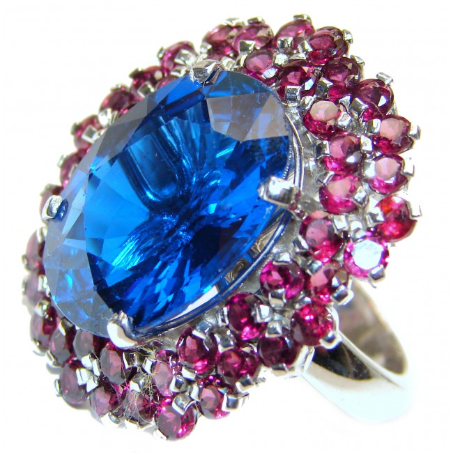 Incredible 55ct London Blue Topaz Ruby .925 Sterling Silver Statement Ring s. 8