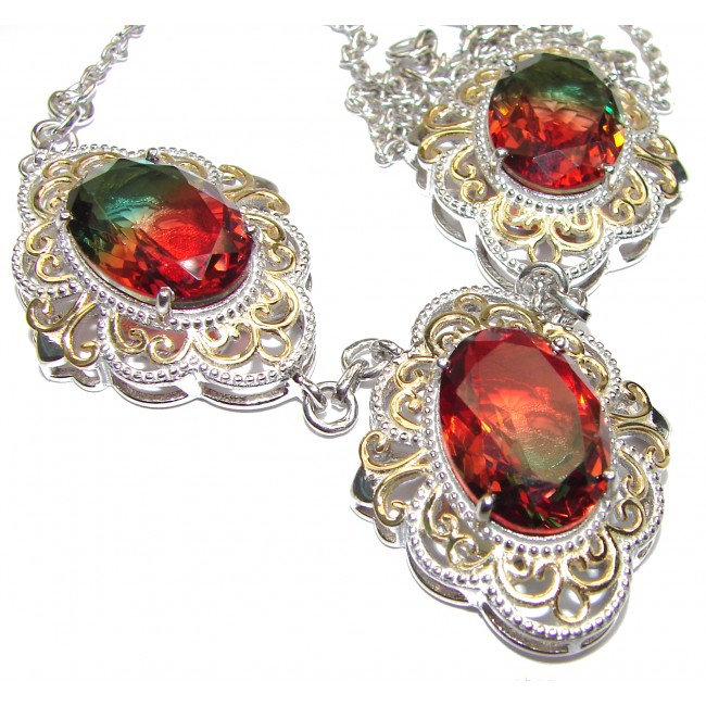 Oval cut Watermelon Tourmaline color Topaz 18K Gold over .925 Sterling Silver handcrafted necklace