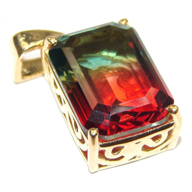 Deluxe Emerald cut Tourmaline color Topaz 14K Gold over .925 Sterling Silver handmade Pendant