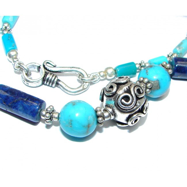 Southwest Design Blue Turquoise & Fossilized Coral Sterling Silver Necklace
