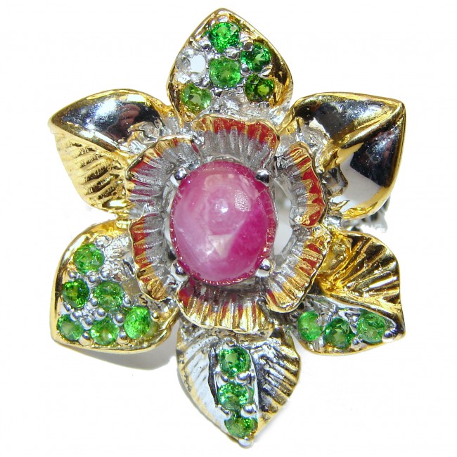 LARGE Genuine Ruby Emerald 18K Gold over .925 Sterling Silver handmade Cocktail Ring s. 8 1/4