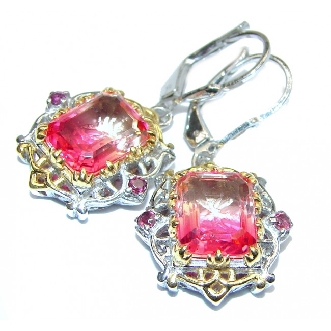 Pink Tourmaline color Topaz 18K Gold .925 Sterling Silver entirely handmade earrings