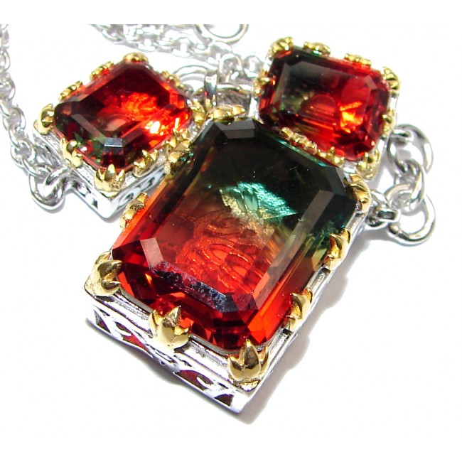 Emerald cut Watermelon Tourmaline color Topaz .925 Sterling Silver handcrafted necklace