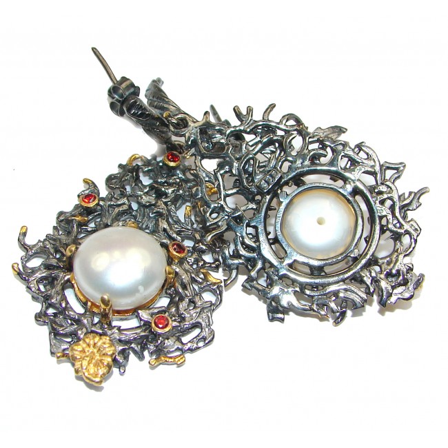 Bohemian Style Pearl 18K Gold over .925 Sterling Silver handcrafted Statement earrings