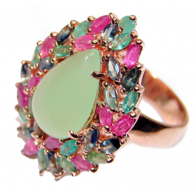 Natural Prehnite Ruby Sapphire 24K Gold over .925 Sterling Silver handmade ring s. 7 1/4
