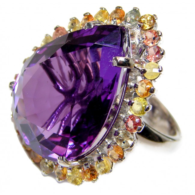 Large Genuine Amethyst Tourmaline .925 Sterling Silver handcrafted Statement Ring size 8