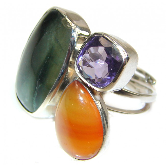 Large Chunky Natural Moss Agate .925 Sterling Silver handmade ring s. 8 adjustable
