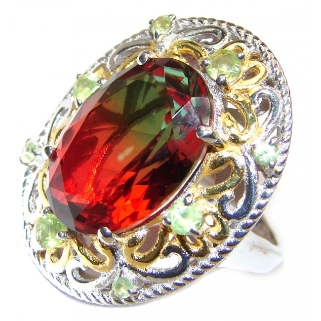 HUGE Watermelon Tourmaline color Topaz 18K Gold over .925 Sterling Silver handcrafted Ring s. 7 1/4