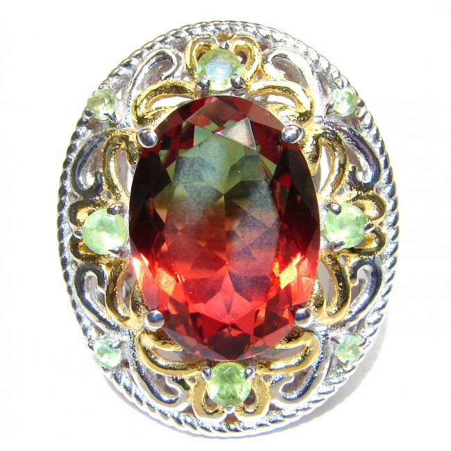 HUGE Watermelon Tourmaline color Topaz 18K Gold over .925 Sterling Silver handcrafted Ring s. 7 1/4