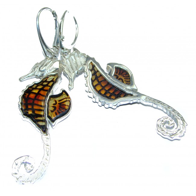 Seahorse Mosaic Amber .925 Sterling Silver handcrafted Earrings