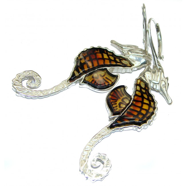 Seahorse Mosaic Amber .925 Sterling Silver handcrafted Earrings