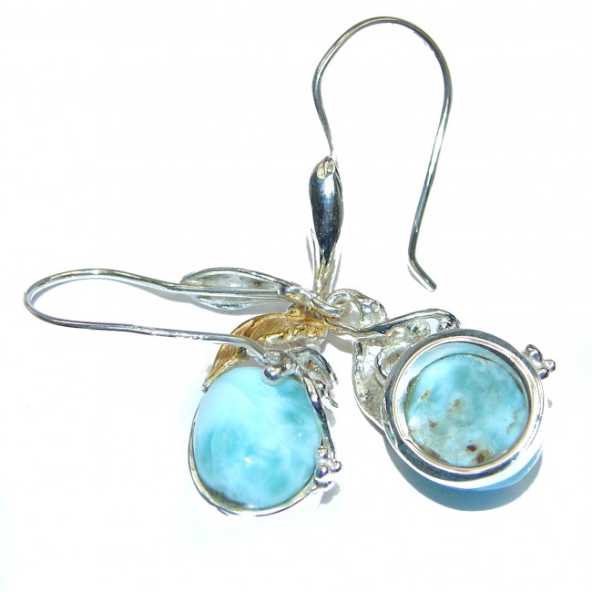 Precious genuine Blue Larimar two tones .925 Sterling Silver handmade earrings