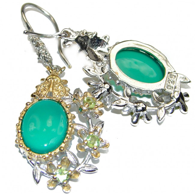 Vintage Design Green Agate 18K Gold over .925 Sterling Silver handmade Earrings
