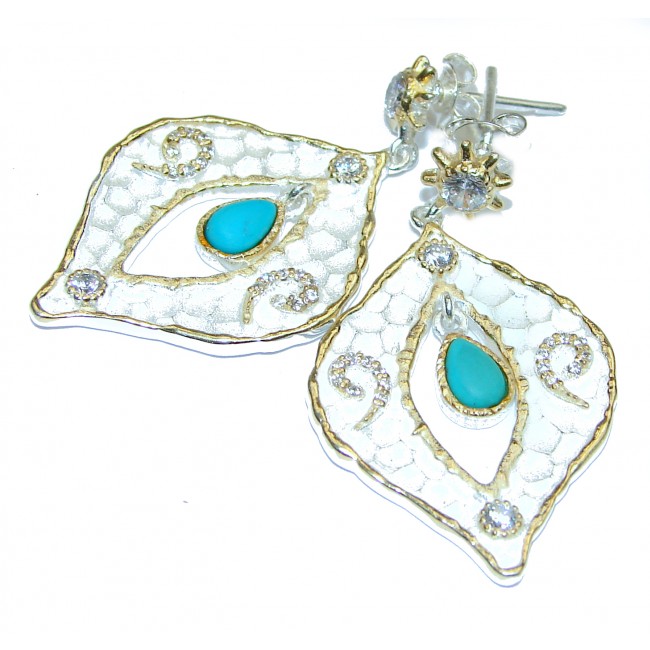 Rich Design Turquoise 18k Gold over .925 Sterling Silver in Antique White Patina handcrafted earrings