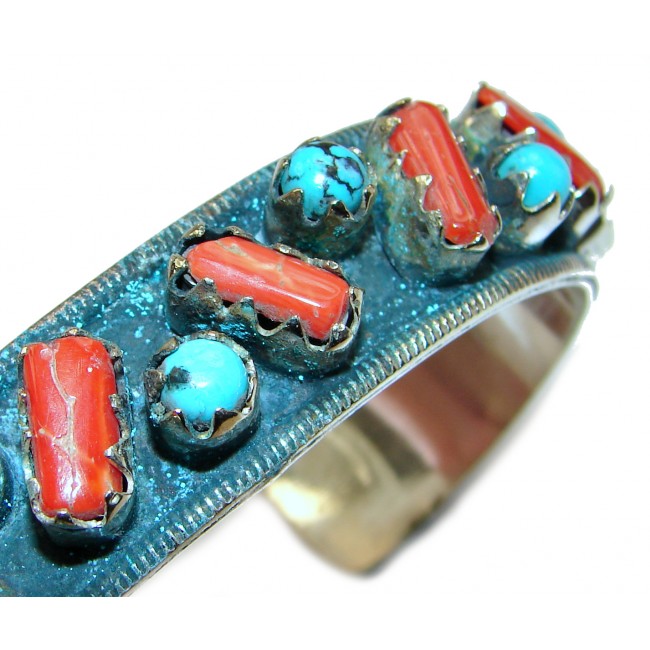 Jumbo Boho style Genuine Turquoise Coral .925 Sterling Silver handmade Bracelet / Cuff