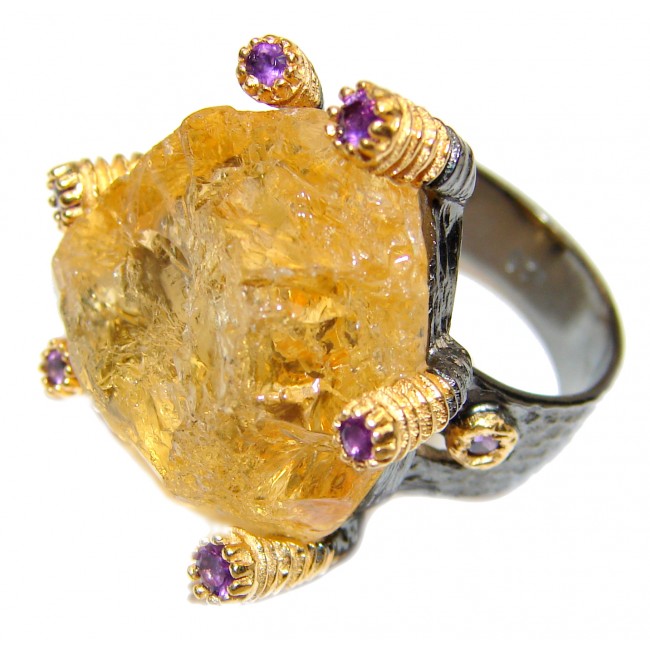 Jumbo! Vintage Style Rough Citrine.925 Sterling Silver handmade Cocktail Ring s. 7 1/2