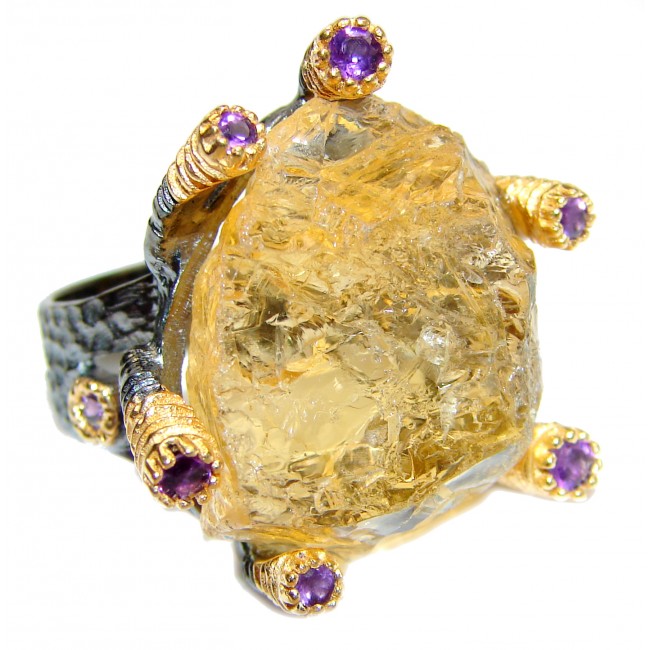 Jumbo! Vintage Style Rough Citrine.925 Sterling Silver handmade Cocktail Ring s. 7 1/2