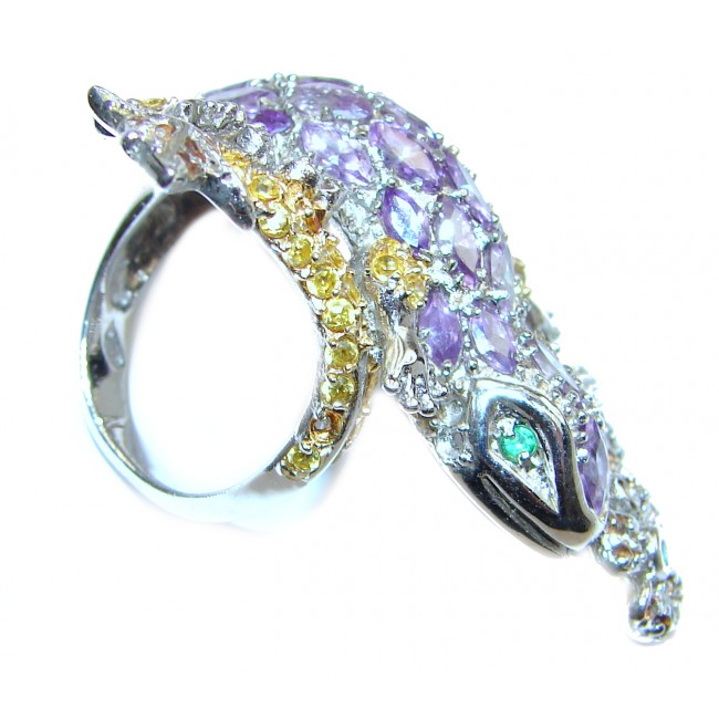 Lizards Natural Amethyst Emerald .925 Statement Sterling Silver ring size 6