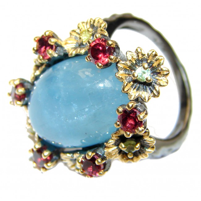 Genuine Aquamarine 18K Gold over .925 Sterling Silver handmade Cocktail Ring s. 8