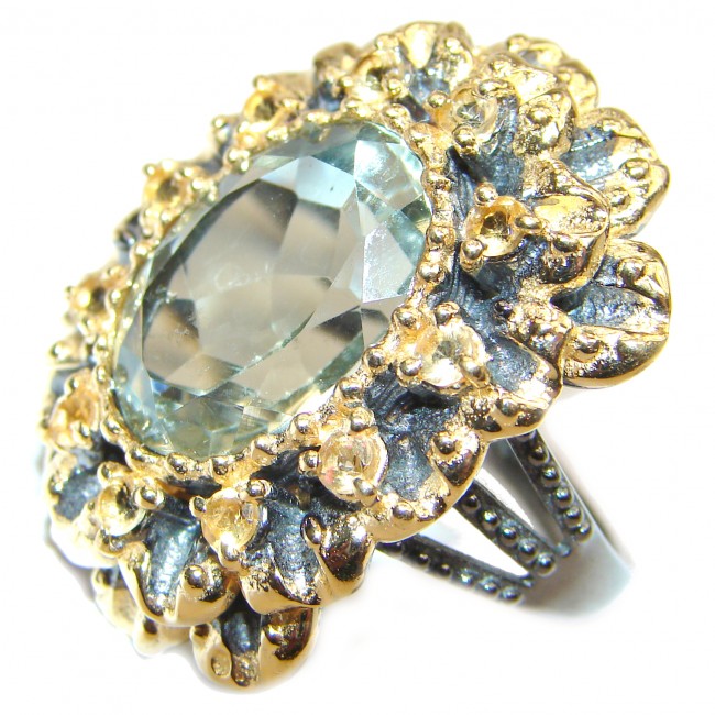 Spectacular Natural Green Amethyst 18K Gold over .925 Sterling Silver handcrafted ring size 7 1/4