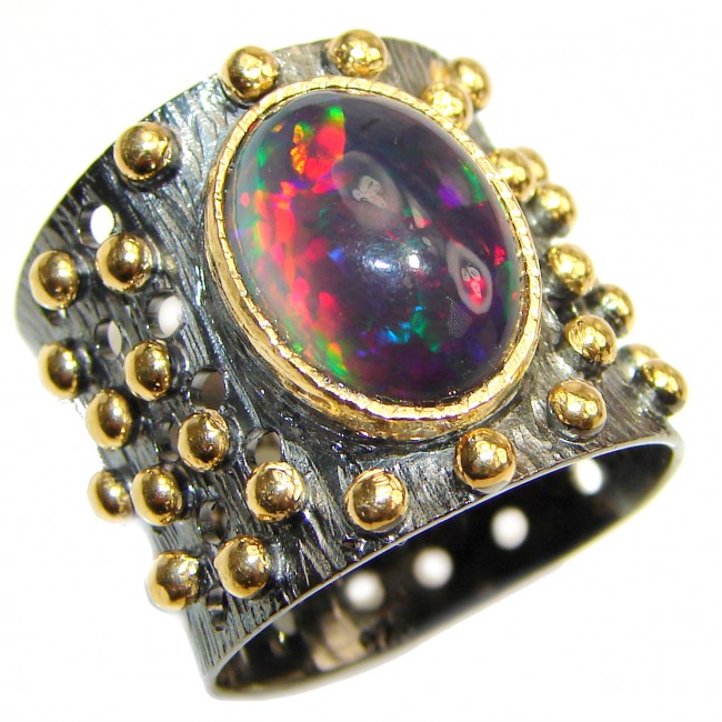 Vintage Design Genuine Black Opal 24K Gold over .925 Sterling Silver handmade Ring size 8