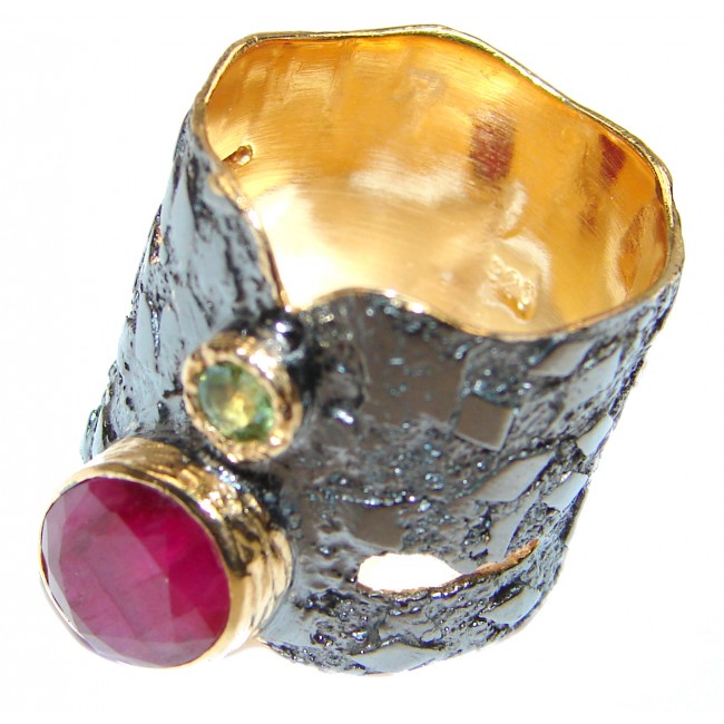 Large genuine Ruby 18K Gold over .925 Sterling Silver Statement Italy made ring; s. 7 1/2