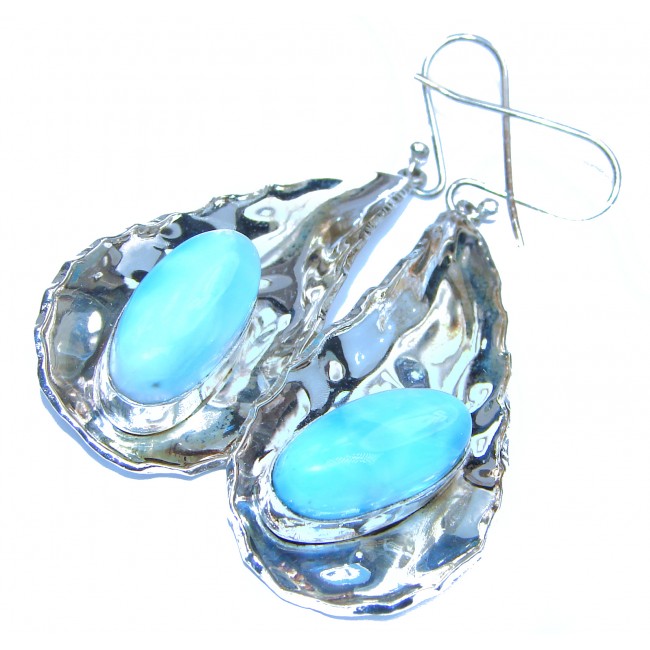 Large Sublime genuine Blue Larimar hammered .925 Sterling Silver handmade earrings