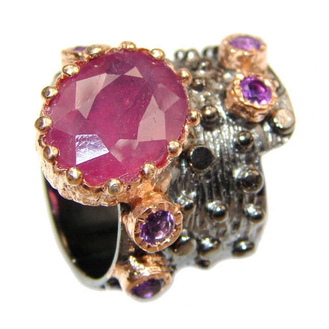 Large genuine Ruby 18K Gold over .925 Sterling Silver Statement Italy made ring; s. 5 1/2