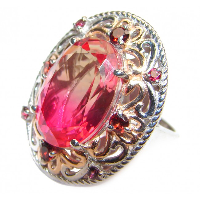 Huge Top Quality Volcanic Pink Tourmaline 18 K Gold over .925 Sterling Silver handcrafted Ring s. 8