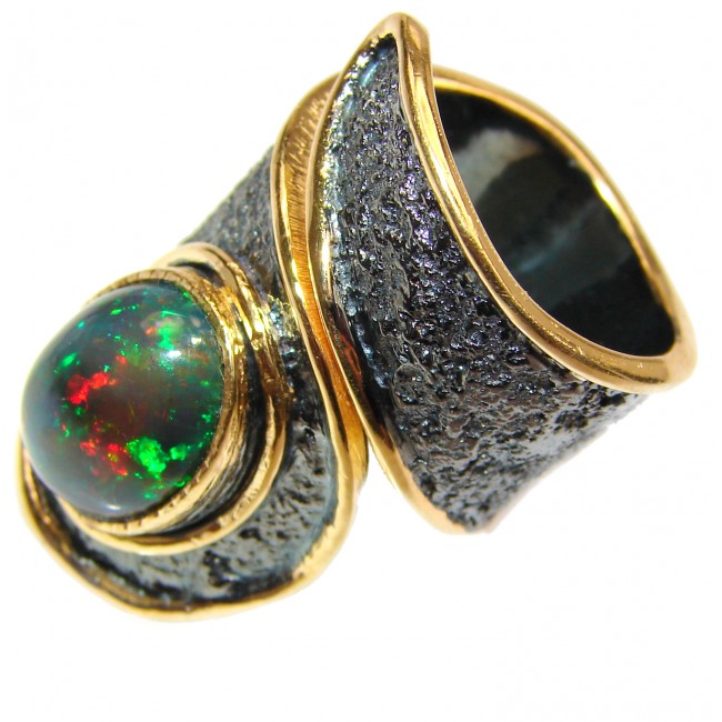 Vintage Design Genuine Black Opal 24K Gold over .925 Sterling Silver handmade Ring size 7 adjustable