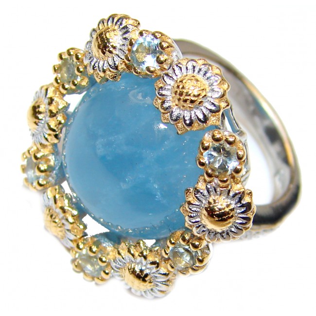 Genuine Aquamarine 18K Gold over .925 Sterling Silver handmade Cocktail Ring s. 6 1/4