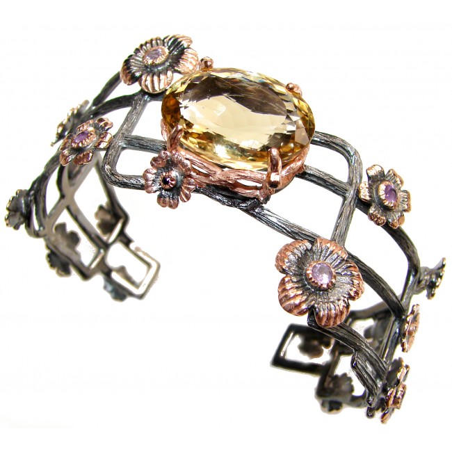 Chunky floral design Genuine Citrine Rose Gold over .925 Sterling Silver Bracelet / Cuff