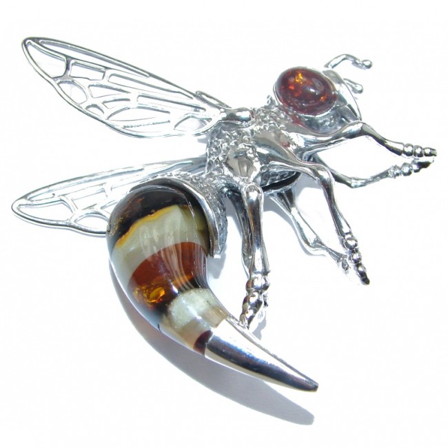 Authentic Masterpiece Honey Bee Baltic Polish Amber .925 Sterling Silver Handmade Pendant
