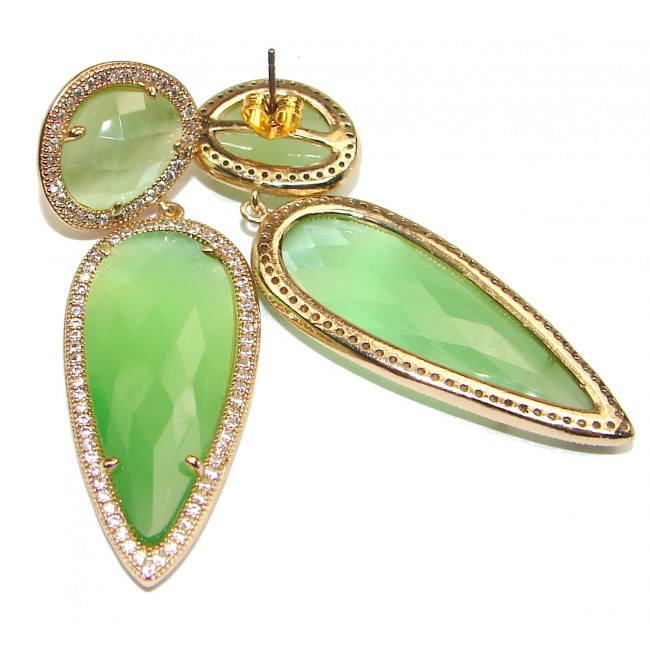 Large Very Unique Green Cats Eye 14K Gold over .925 Sterling Silver earrings